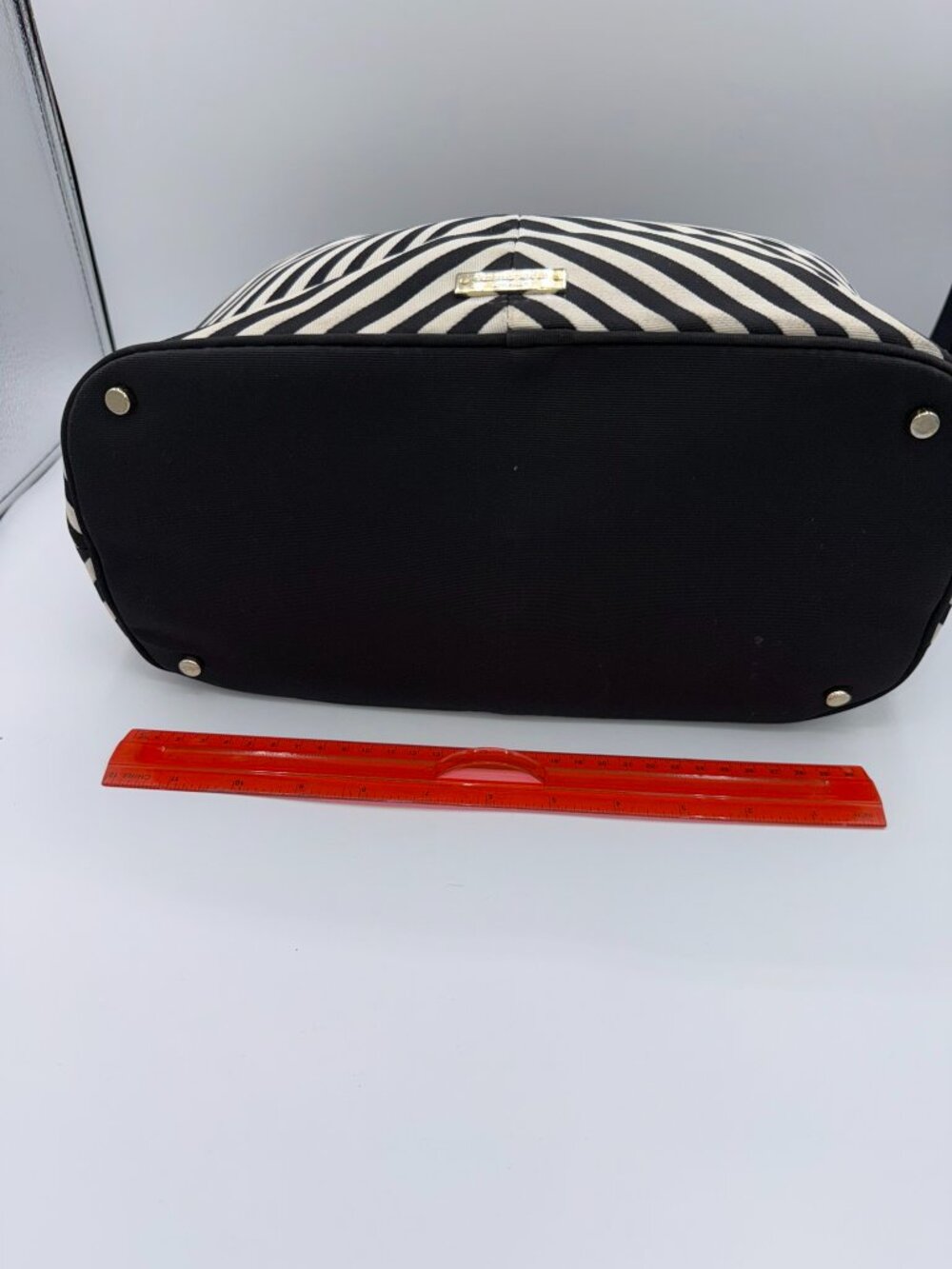 Kate Spade Black White Canvas Striped Bow Handbag Purse Classic Chic - Picture 12 of 16